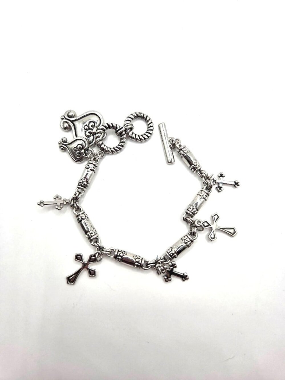 Silver-Tone Heart & Cross Charm Bracelet With Toggle Clasp